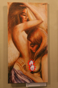 Photo shows a censored version of "Cas nezanosti" ("Time of Endearment"), a painting by Karel Gott